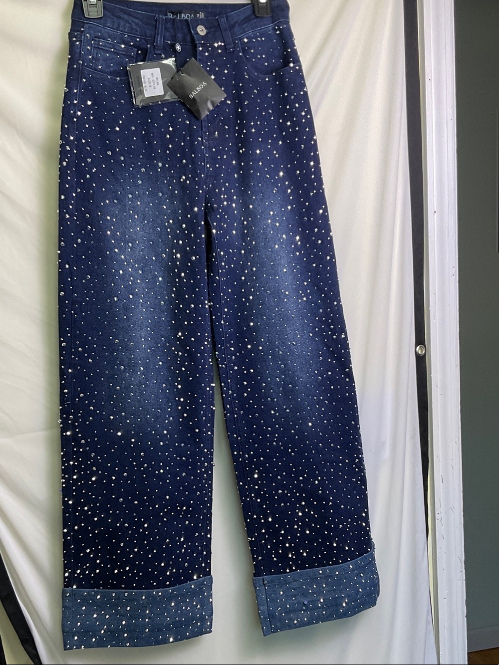 BA Rhiana Rhinestone Studded Dark Blue Wide Leg Jeans